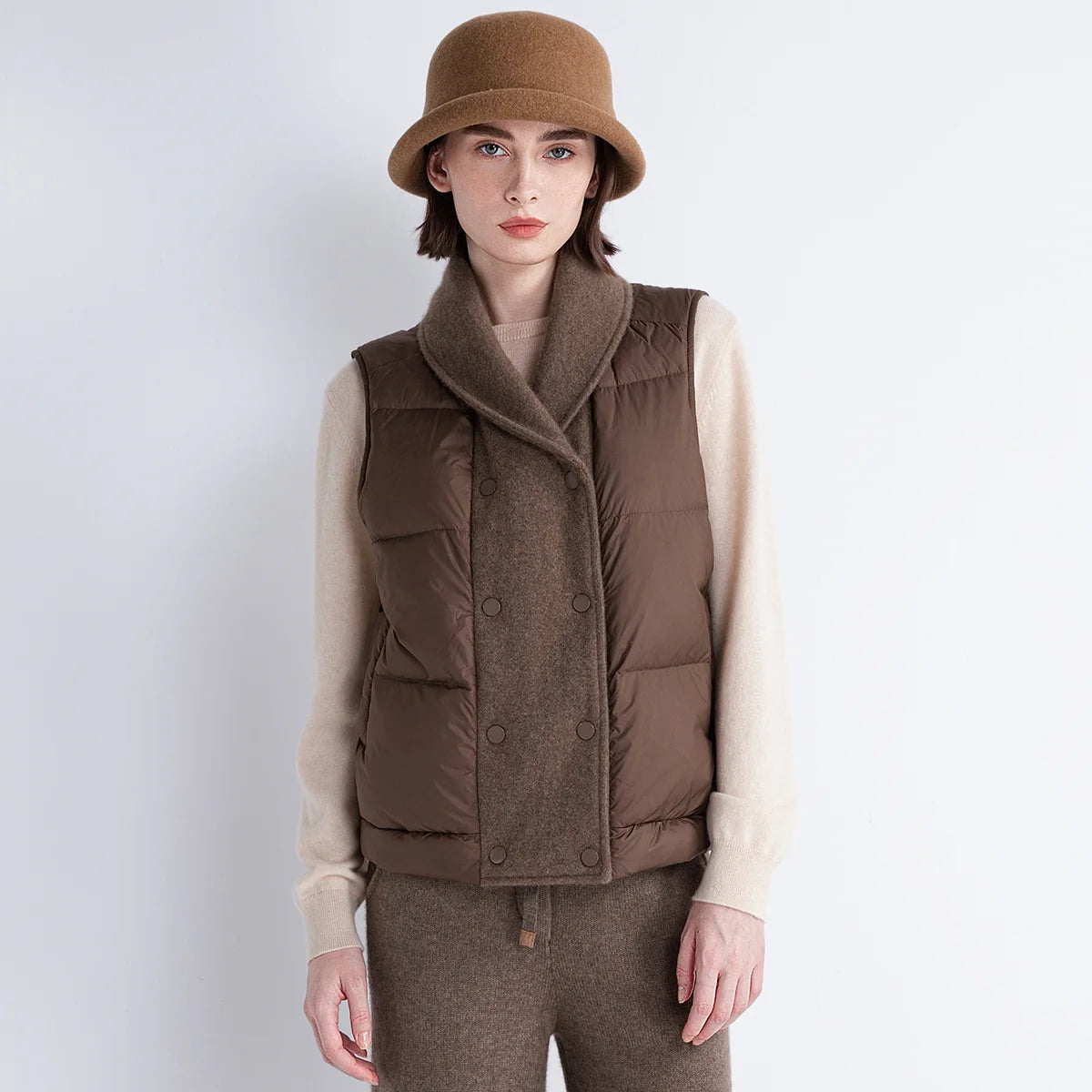 TH852186 High-End Women’s Down Gilet LP 100% White Goose Down Vest Cashmere Knit Front Warm Short Puffer