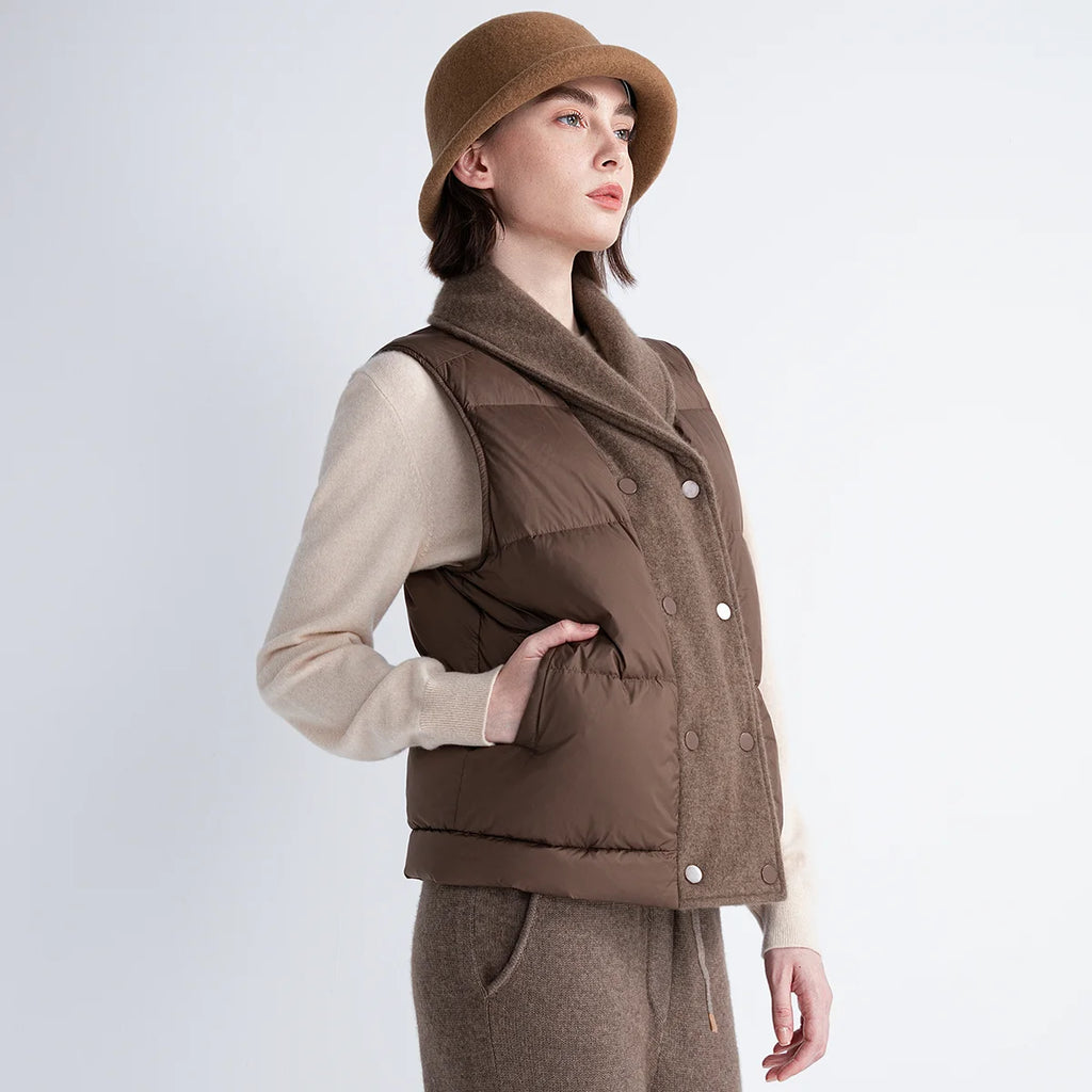 TH852186 High-End Women’s Down Gilet LP 100% White Goose Down Vest Cashmere Knit Front Warm Short Puffer