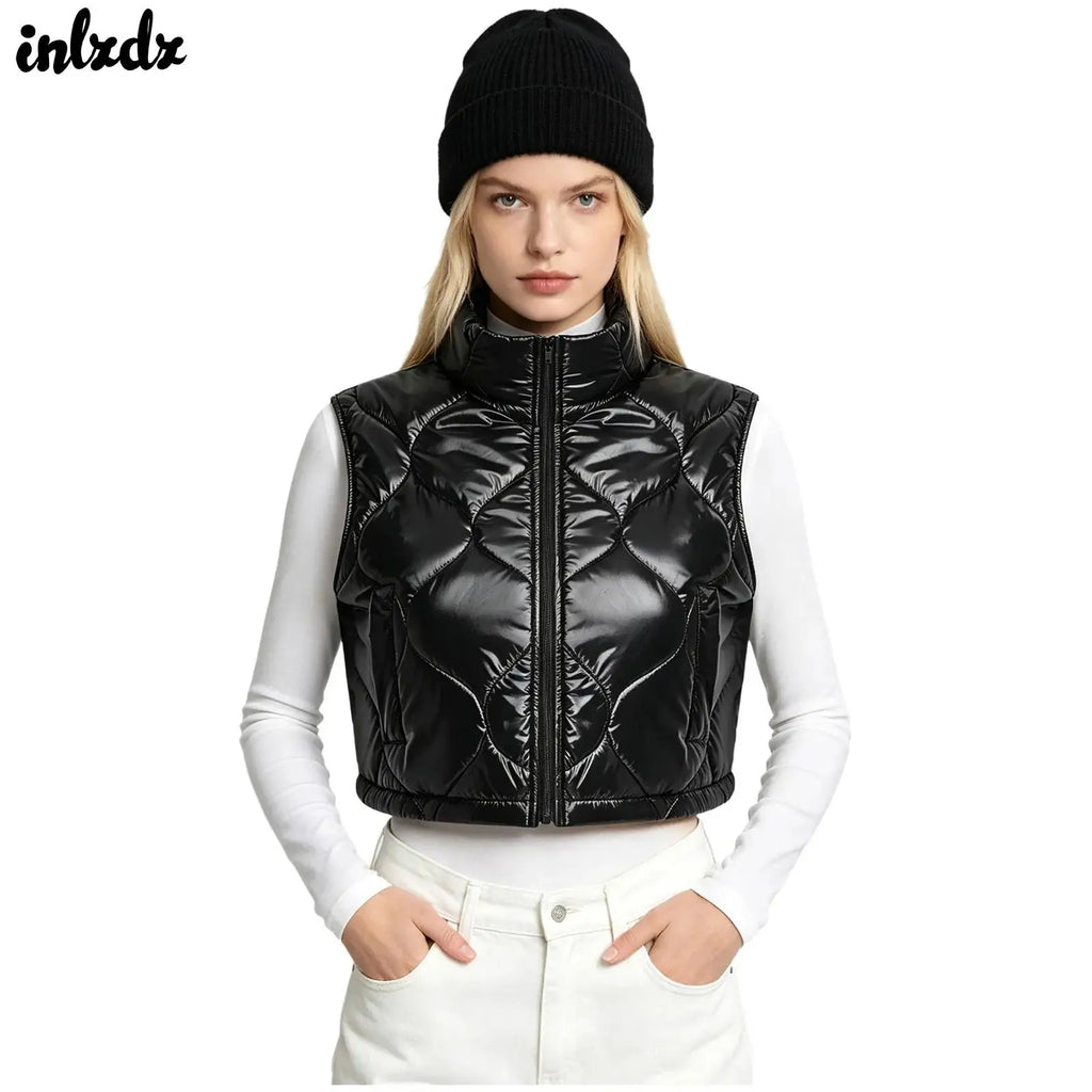 Womens Stand Collar Cropped Puffer Vest Daily Outer Gilet Shiny Quilted Front Zip-up Crop Tank Top Padded Warm Gilet Waistcoat