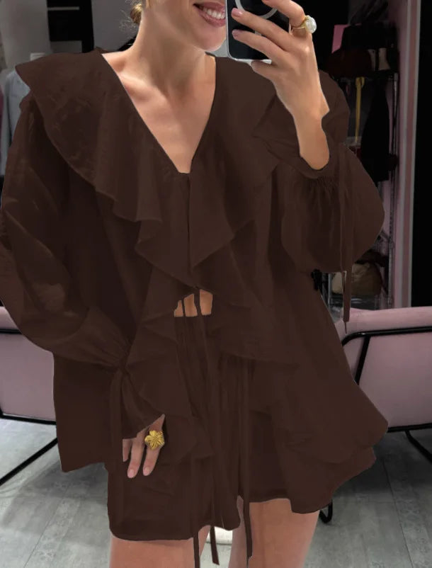 Women French Two Piece Outfit V Neck Ruffle Long Sleeve Shirt Drawstring Shorts Casual Set