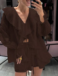Women French Two Piece Outfit V Neck Ruffle Long Sleeve Shirt Drawstring Shorts Casual Set