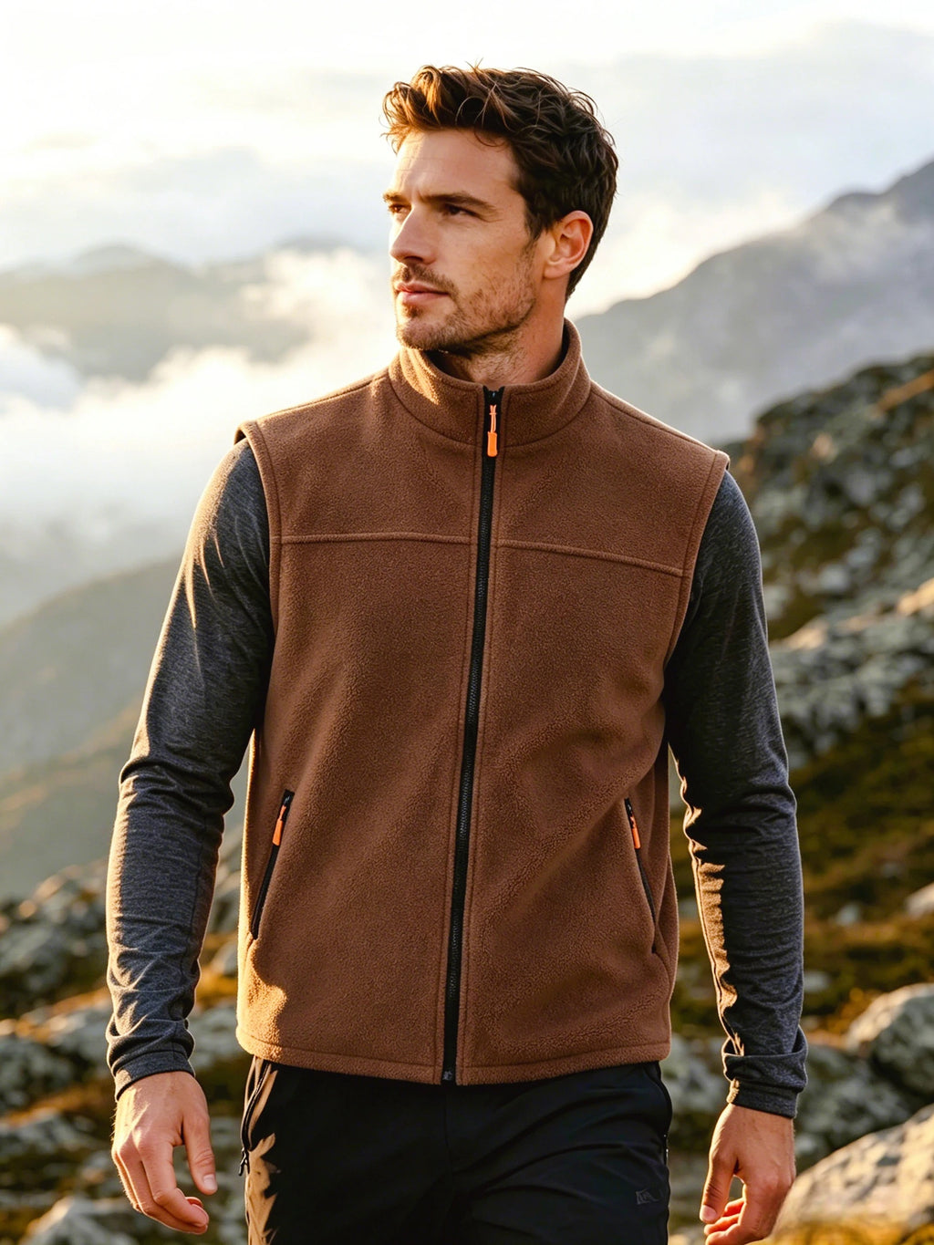 Lightweight Men Polar Fleece Gilet Full Zip Stand Collar Zipper Pockets Outdoor Hiking Sleeveless Vest For Spring Winter