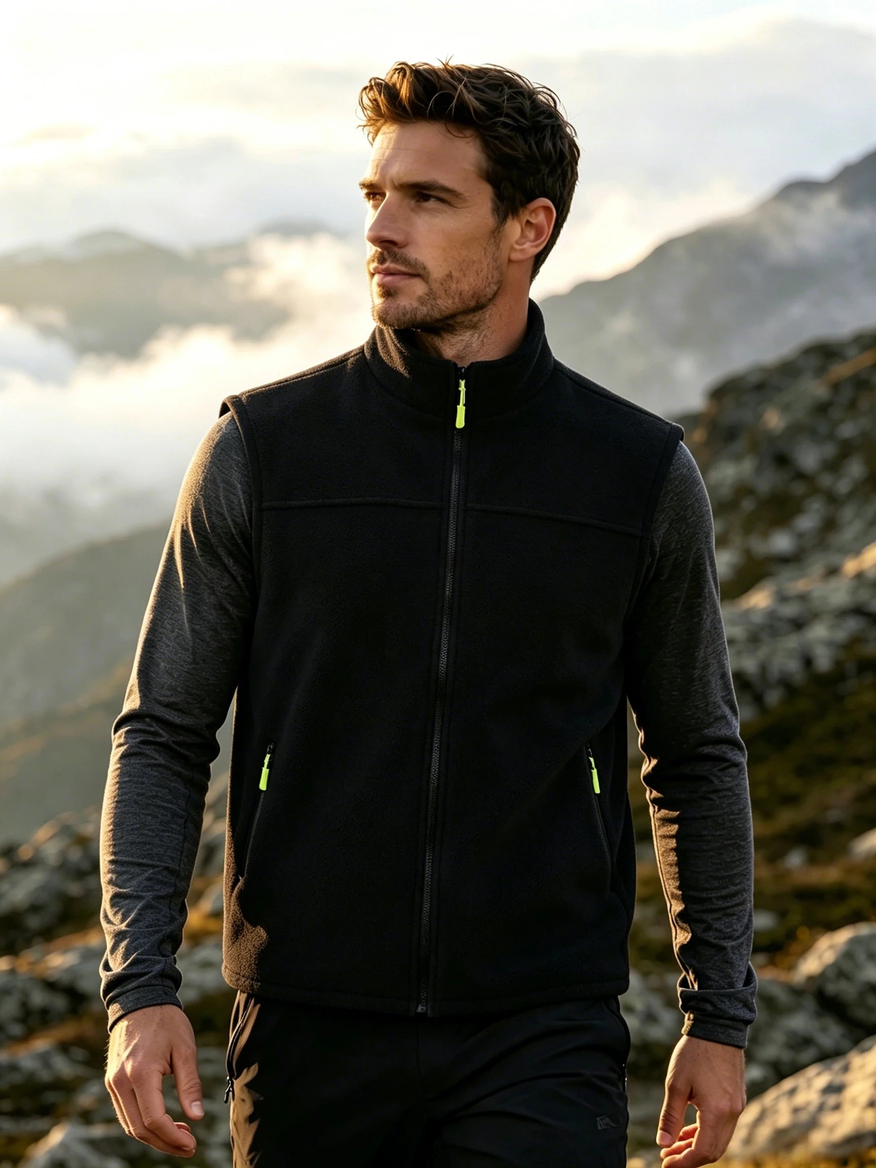 Lightweight Men Polar Fleece Gilet Full Zip Stand Collar Zipper Pockets Outdoor Hiking Sleeveless Vest For Spring Winter
