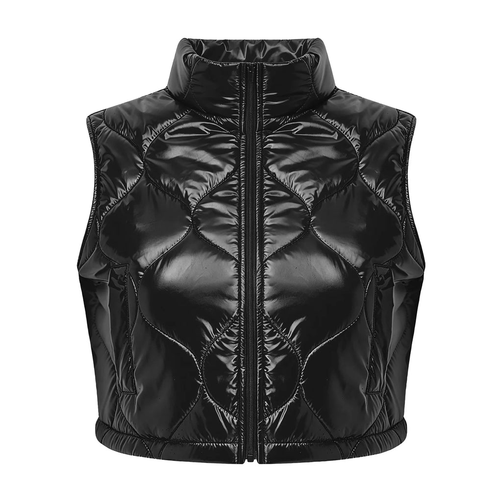 Shiny Glossy Quilted Cropped Puffer Gilet Women Sleeveless Stand Collar Zipper  Tank Top Padded Vest Street Outerwear Waistcoat