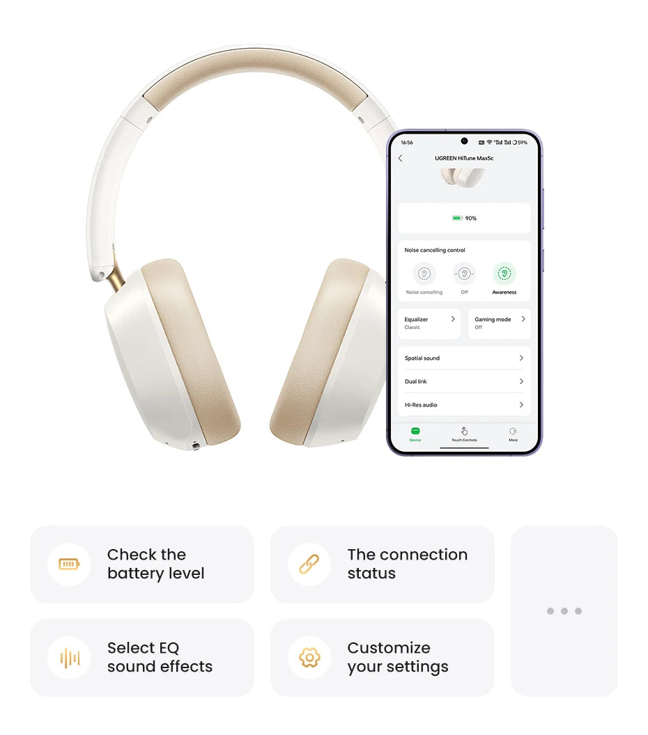 UGREEN Max5c Wireless Bluetooth Headphones ANC 43dB Active Noise Cancellation Hi-Res LDAC 75H Spatial Audio Earphones Headset
