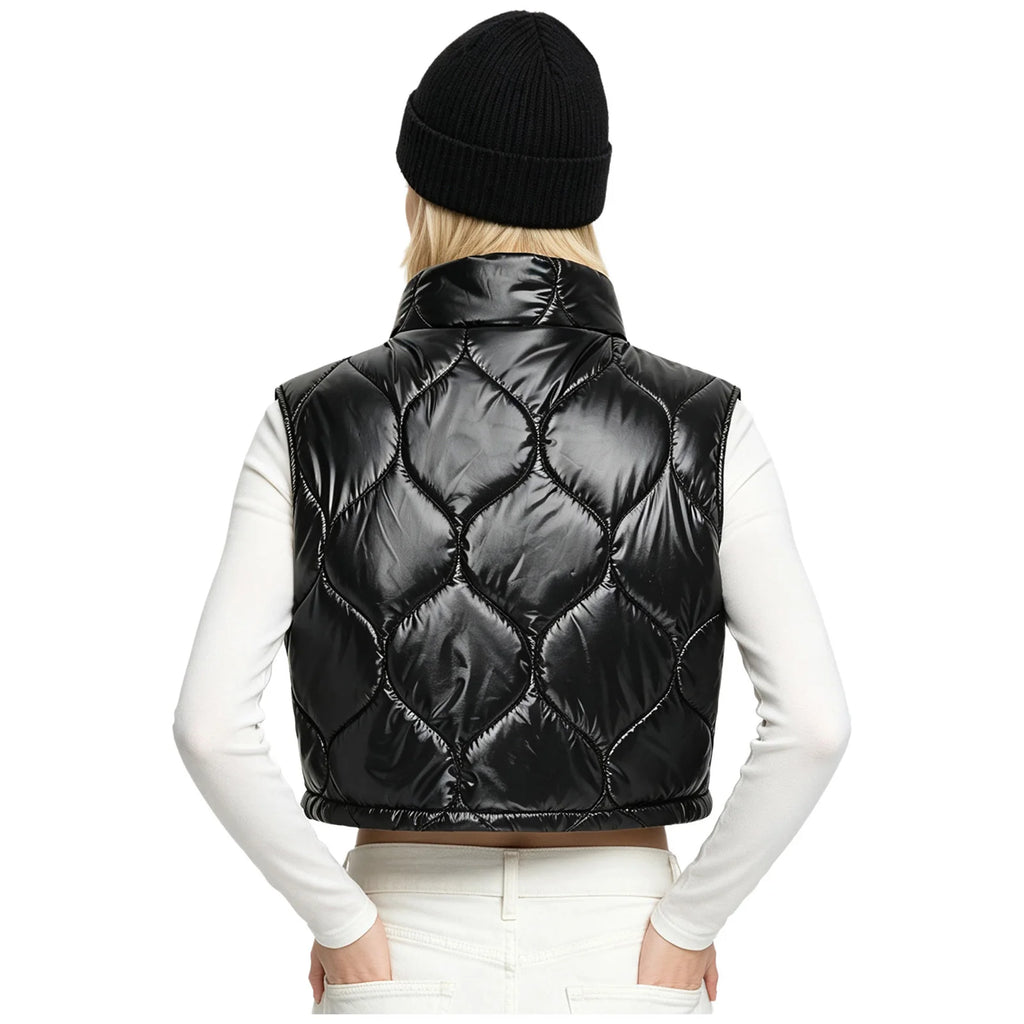 Womens Stand Collar Cropped Puffer Vest Daily Outer Gilet Shiny Quilted Front Zip-up Crop Tank Top Padded Warm Gilet Waistcoat