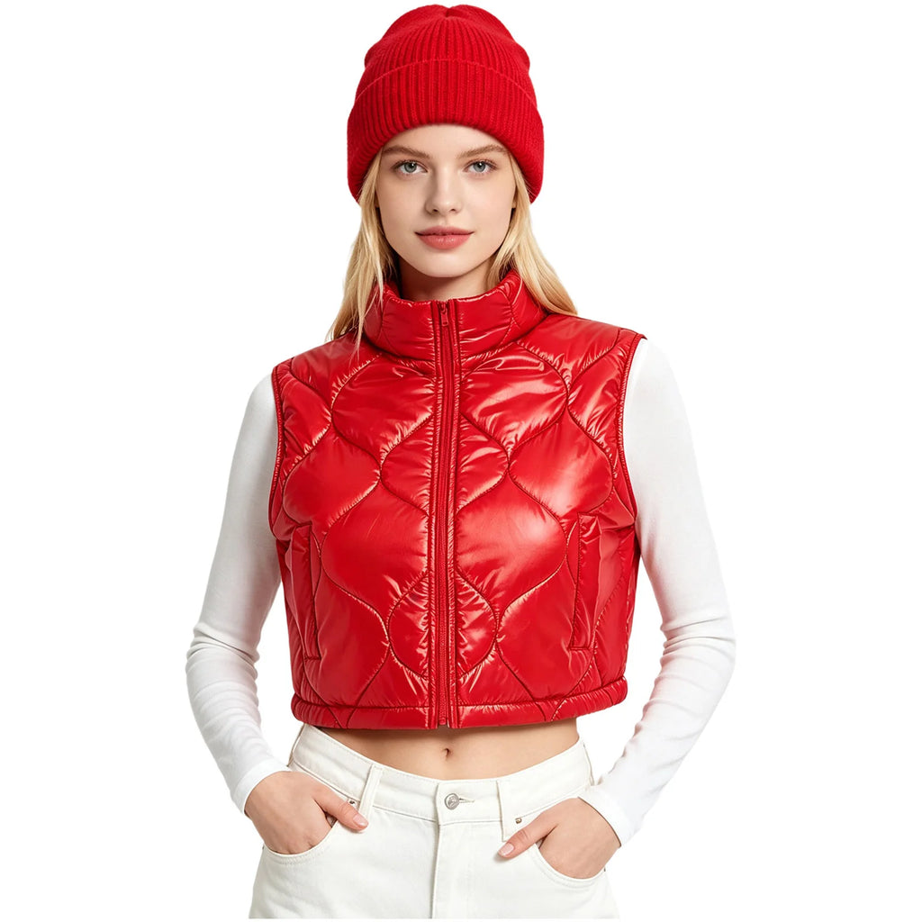 Shiny Glossy Quilted Cropped Puffer Gilet Women Sleeveless Stand Collar Zipper  Tank Top Padded Vest Street Outerwear Waistcoat
