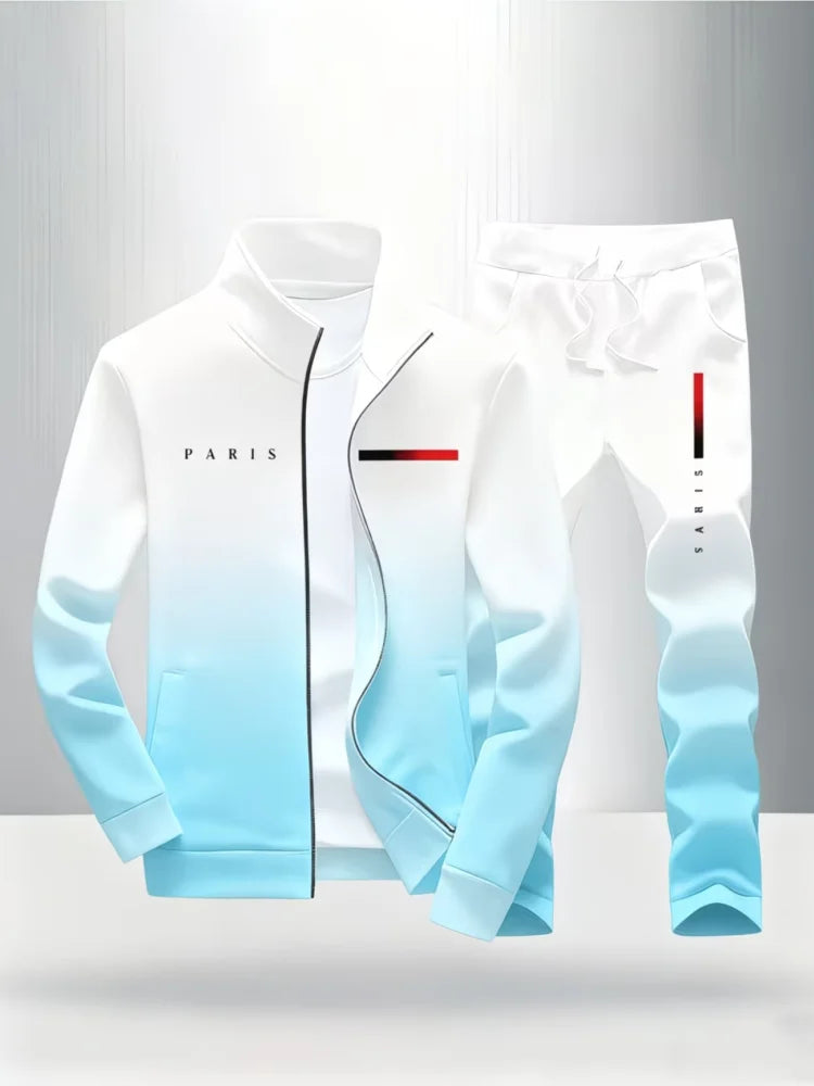 Mens Ombre Gradient Tracksuit Casual 2 Piece Outfit Paris Print Jacket and Jogger Pants Urban Style Office Man Matching Suits