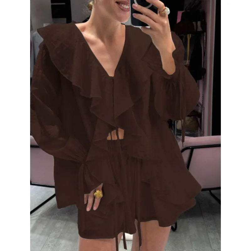 Women French Two Piece Outfit V Neck Ruffle Long Sleeve Shirt Drawstring Shorts Casual Set