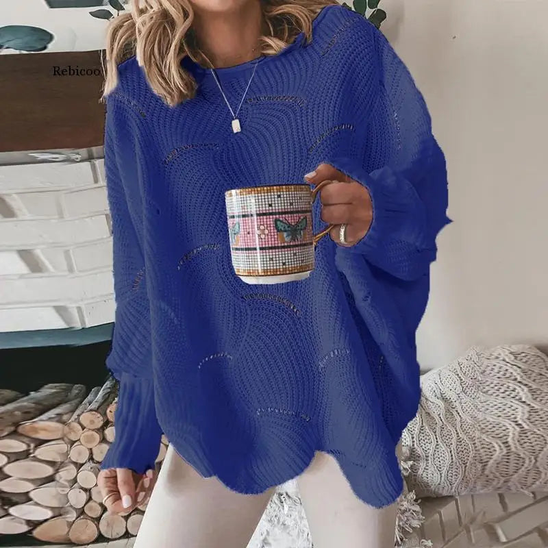 Women's Sweater 2022 Autumn Winter Elegant Hollow Out Loose Knitted Ladies Pullovers Casual Crew Neck Solid Lantern Sleeve Tops