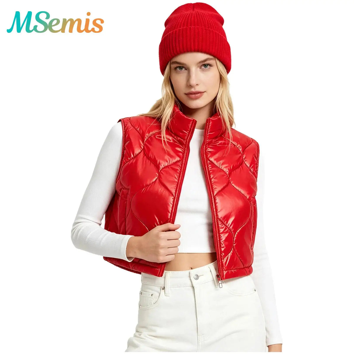 Shiny Glossy Quilted Cropped Puffer Gilet Women Sleeveless Stand Collar Zipper  Tank Top Padded Vest Street Outerwear Waistcoat