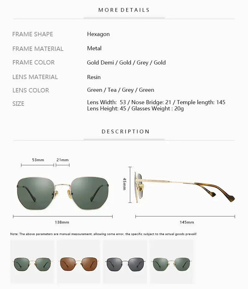 Custom Logo Polarized Sunglasses Unisex Hexagon Metal Frame UV400 Protection Fashion Sunwear for Casual Wear Men Women
