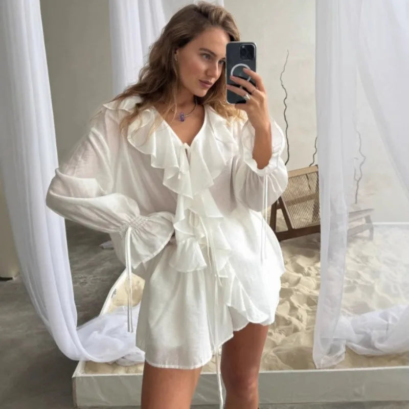 Women French Two Piece Outfit V Neck Ruffle Long Sleeve Shirt Drawstring Shorts Casual Set