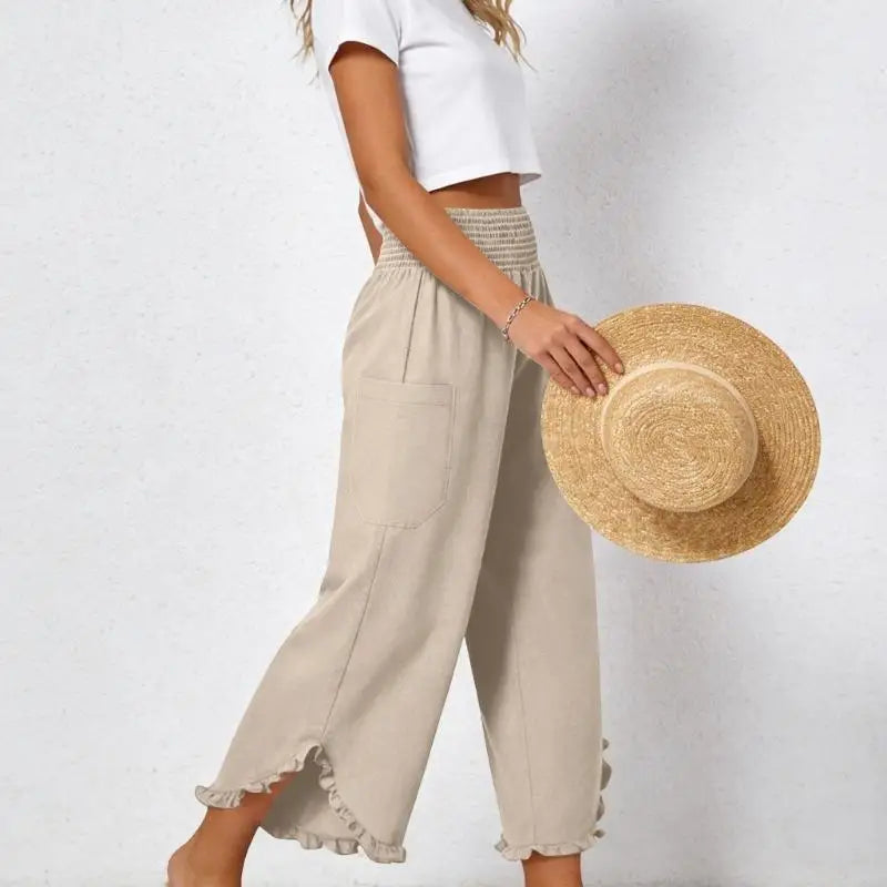 Pantalon Lino para Mujer Cropped Linen Pants Women Summer Casual Smocked Elastic Waist Ruffle Pants with Pockets 6XDA