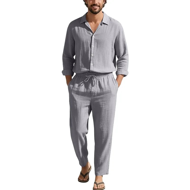Men Linen 2 Piece Outfit Set Lapel Long Sleeve Sun Protection Shirt + Drawstring Loose Trousers Casual Beach Vacation Daily Suit