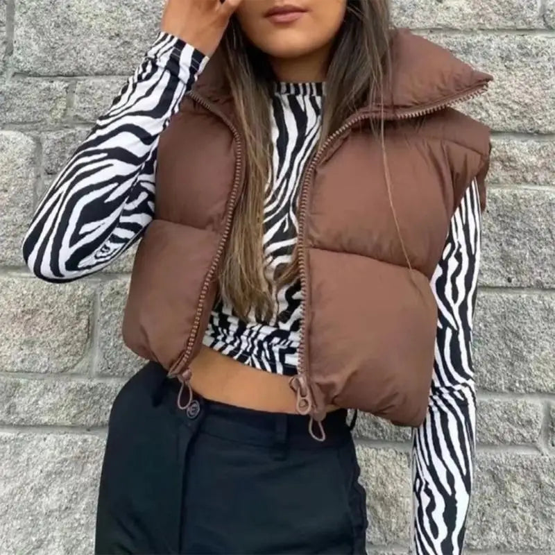 Women Winter Waistcoat Lightweight Sleeveless Stand Collar Zipper Up Crop Puffer Vest Outwear Quilted Padded Gilet 6XDA